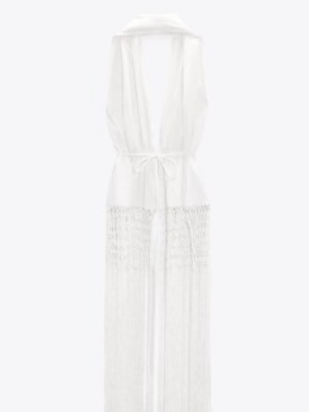 Zara White Sleeveless Fringe Linen with Tie Waist